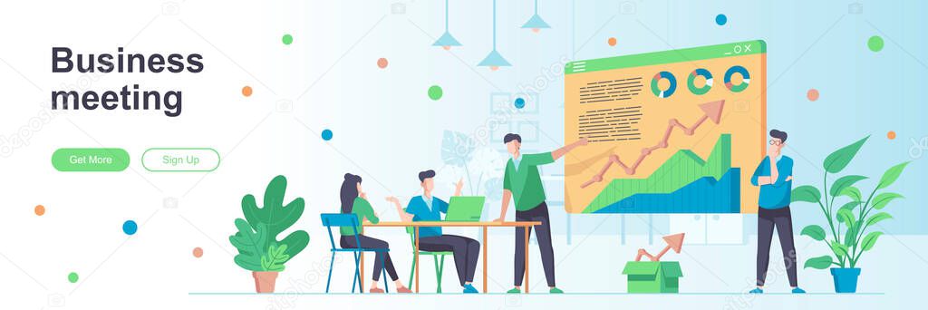 Business meeting landing page with people characters. Business team conference web banner. Collaboration and partnership vector illustration. Flat concept great for social media promotional materials.