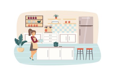 Mutfak sahnesinde yemek pişiren kadın. Ev hanımı bulaşık taşır, tava fırında, kahvaltı ya da öğle yemeği hazırlar. Ev ve günlük rutin konsept. Düz dizaynlı insanların vektör illüstrasyonu