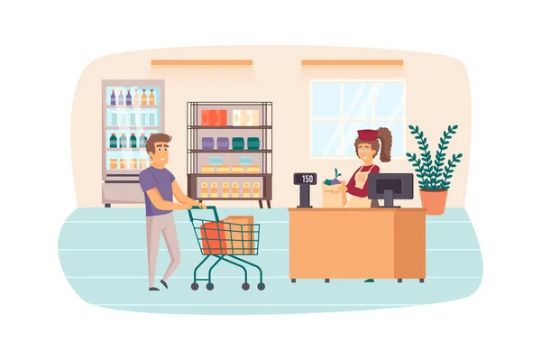 Man shopping at supermarket scene. Customer with cart waits to pay for groceries at cashier. Retail sales, buying food in grocery store concept. Vector illustration of people characters in flat design — Stock Vector