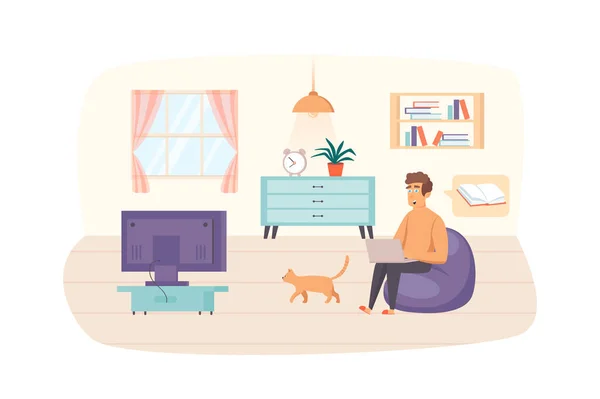 Man studying using laptop sitting on bag chair with cat in living room scene. Online education, e-learning, distance homeschooling concept. Vector illustration of people characters in flat design — Stock Vector