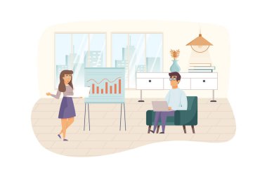 İçerik yöneticileri sahnesinin takım çalışması. Web sitesi istatistiklerini tartışan meslektaşlar, içerik stratejisi oluşturun. SEO optimizasyonu, terfi konsepti. Düz dizaynlı insanların vektör illüstrasyonu