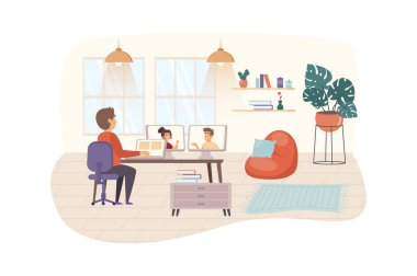 Evdeki video konferansı. İş arkadaşları ya da arkadaşlarıyla görüntülü görüşme yapan bir adam. Çevrimiçi teknoloji konseptiyle bağlantı kuran insanlar. Düz dizaynlı insanların vektör illüstrasyonu