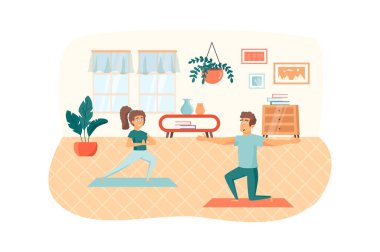 Kadın ve erkek, odada yoga yapıyor. Asana pozu veren çift. Ev çalışması, spor aktiviteleri, eğitim, sağlıklı yaşam tarzı konsepti. Düz dizaynlı insanların vektör illüstrasyonu