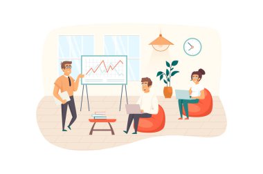 İş görüşmesi sahnesi. Ofis müdürü iş arkadaşlarıyla iletişim kurar, brifing verir, ofis işlerini organize eder. Yönetim, yönetim kavramı. Düz dizaynlı insanların vektör illüstrasyonu