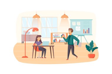 Ofis müdürü ofis çalışma sahnesini düzenler. Dizüstü bilgisayarda çalışan bir çalışan. Yönetim, yönetim, iş akışı optimizasyon konsepti. Düz dizaynlı insanların vektör illüstrasyonu