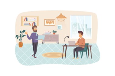 Ofis müdürü ofis işlerini yönetir ve düzenler. Dizüstü bilgisayarda çalışan bir çalışan. Yönetim, iş akışı optimizasyonu konsepti. Düz dizaynlı insanların vektör illüstrasyonu