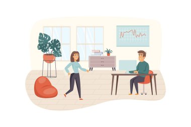 Ofis müdürü ofis işini optimize eder, iş arkadaşı dizüstü bilgisayar sahnesinde çalışır. Yönetim, yönetim, iş akışı, organizasyonel konular. Düz dizaynlı insanların vektör illüstrasyonu