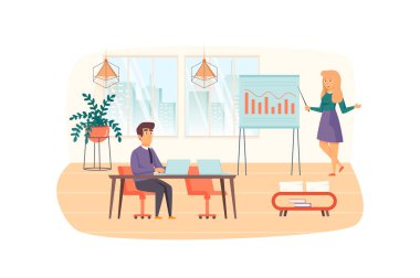 Ofis müdürü sunum sahnesini sunar. Meslektaşımla brifing, beyin fırtınası. Yönetim iş akışı, örgütsel meseleler konsepti. Düz dizaynlı insanların vektör illüstrasyonu