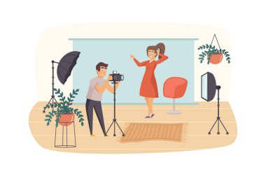 Fotoğrafçı, profesyonel stüdyo sahnesinde bir kadın için fotoğraf çekimi yapıyor. Fotoğrafçılık için poz vermek. Yaratıcı meslek, hafıza konsepti. Düz dizaynlı insanların vektör illüstrasyonu