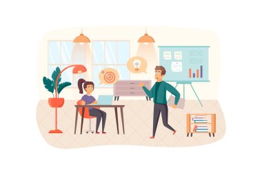 Ofis sahnesinde iş eğitimi. Meslektaşlar fikirler üretir, hedefleme, beyin fırtınası ve takım oluşturma yapar. Eğitim, kariyer gelişimi konsepti. Düz dizaynlı insanların vektör illüstrasyonu