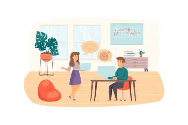 Ofis sahnesinde iş eğitimi. Meslektaşlar iş tartışır, hedef belirler, takım oluştururlar. Eğitim, kariyer gelişimi, ortaklık kavramı. Düz dizaynlı insanların vektör illüstrasyonu