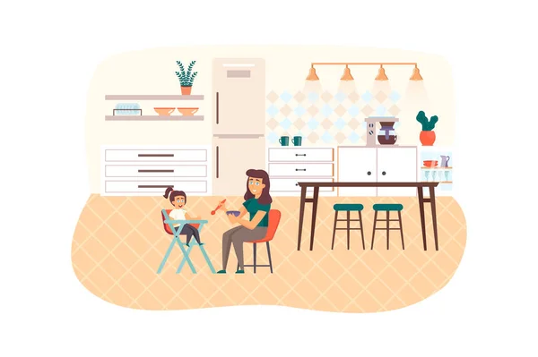 Família jovem feliz com cena de bebê. A mãe alimenta a filha pequena da cadeira alta. Gravidez, infância, maternidade e maternidade conceito. Ilustração vetorial de personagens de pessoas em design plano —  Vetores de Stock