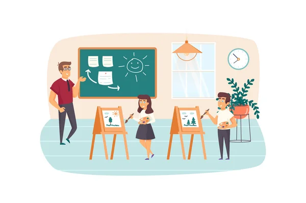 Scena della lezione d'arte. Insegnante stand by lavagna, alunni che attingono cavalletti in classe. Istruzione primaria, ritorno a scuola, concetto del Giorno della Conoscenza. Illustrazione vettoriale di personaggi di persone in design piatto — Vettoriale Stock