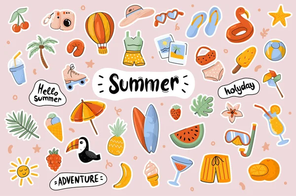 Hello Summer cute stickers template set. Bundle of clothes, shoes, food, drinks, objects. Holiday, sea resort, season entertainment. Scrapbooking elements. Vector illustration in flat cartoon design — Stock Vector