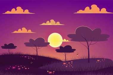 Bahar çayır manzarasında gün batımı düz çizgi film tarzında. Bahçede, ağaçlarda, çayır tarlalarında, kır çiçeklerinin üzerinde parlayan solucanlar uçuşuyor. Doğa manzarası. Web afişinin vektör illüstrasyonu