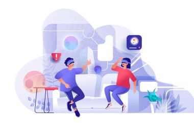 Çift sanal gerçeklik gözlüğü kullanıyor. Kadın ve erkek sanal gerçeklik teknolojisiyle etkileşimli bilgisayar oyunu oynuyorlar. Eğlence, oyun endüstrisi konsepti. Düz dizaynlı insanların vektör illüstrasyonu