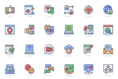 Sosyal ağ düz çizgi simgesi. Profil sayfası, link, içerik, paylaşım, takip, derecelendirme, mobil uygulama, sohbet konsepti. Web sitesi tasarımı için simge paketlerinin vektör illüstrasyonu