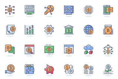 Bitcoin madencilik ağı düz çizgi ikonu. Para, altın, dijital para, video kartı, elektronik anahtar, engelleme teknolojisi konsepti. Web sitesi tasarımı için simge paketlerinin vektör illüstrasyonu