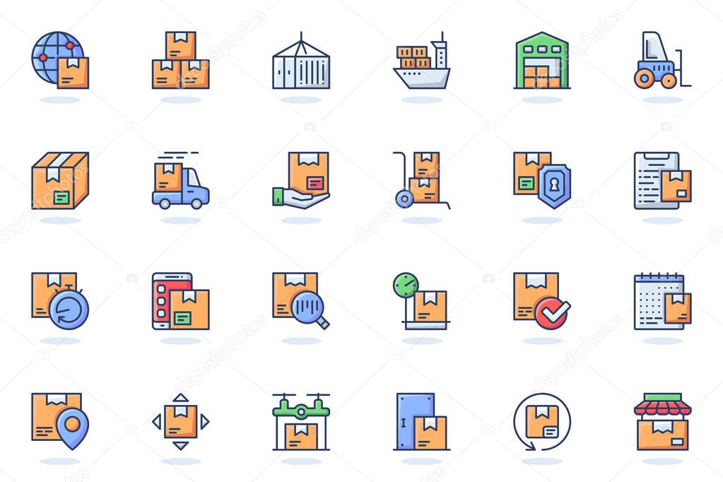 Delivery services web flat line icon. Bundle outline pictogram of shopping, courier, package protection, shipping, tracking order, parcel concept. Vector illustration of icons pack for website design