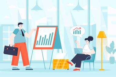 Düz tasarımda iş toplantısı konsepti. Çalışanlar ofis sahnesinde çalışıyor. Meslektaşlar sunumda şirket geliştirme istatistiklerini analiz ederler. İniş sayfası için insanların vektör illüstrasyonu