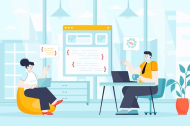 Düz tasarımda programcı çalışma kavramı. İş arkadaşları ofis sahnesinde çalışır. Erkek ve kadın kodlama, web sitesi, uygulama veya program arayüzü oluşturun. İniş sayfası için insanların vektör illüstrasyonu