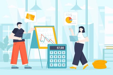 Düz tasarımda finansal yönetim kavramı. Çalışanlar ofis sahnesinde çalışıyor. Kadın ve erkek veri analizi grafikleri, muhasebe, yatırım. İniş sayfası için insanların vektör illüstrasyonu