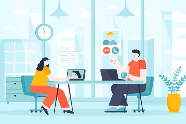 Videoconferentie concept in plat ontwerp. Man en vrouw maken videogesprekken. Een koppel communiceert online. Collega 's videoconferentie. Vector illustratie van mensen karakters voor landing page — Stockvector