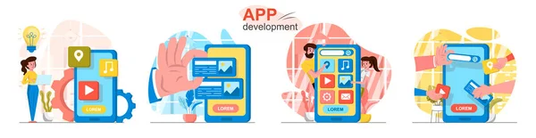 App ontwikkeling platte ontwerp concept scènes set — Stockvector
