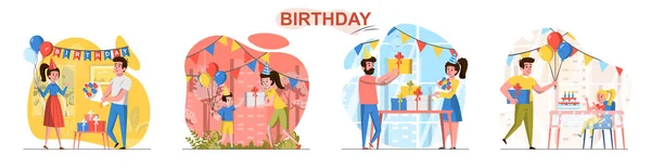 Aniversário design plano conjunto de cenas de conceito — Vetor de Stock