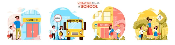 Les enfants vont à l'école conception appartement scènes conceptuelles — Image vectorielle