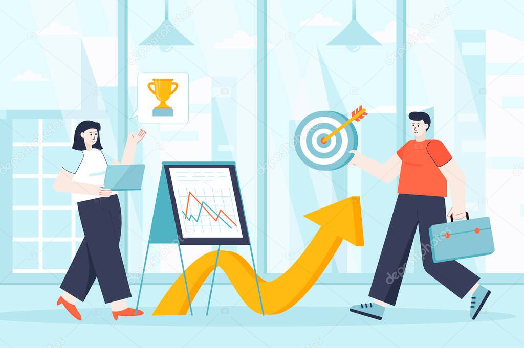 Career opportunities concept in flat design. Professional growth and development scene. Man and woman develop at work, targeting, motivation. Vector illustration of people characters for landing page