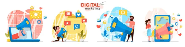 Conjunto de escenas de concepto de diseño plano de marketing digital — Vector de stock