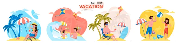 Summer vacation flat design concept scenes set — Stock Vector