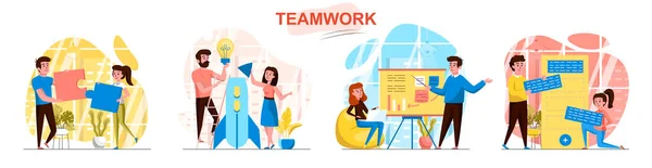 Teamwork flat design concept scenes set — Stock Vector