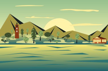 Deniz feneri, deniz manzaralı düz bir arka plan. Dağların zirveleri, deniz kıyısındaki bir ev. Deniz kıyısında sinyal lambaları olan kule. Doğa manzarası. Web afişinin vektör illüstrasyonu