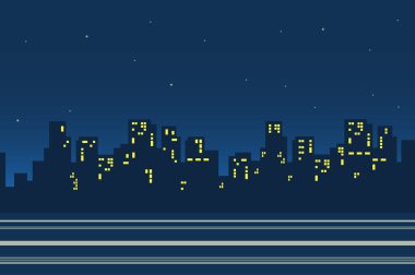 Gece şehrindeki gökdelenlerin siluetleri düz bir şekilde arka planda. Cityscape caddesi, parlayan pencereli evler, metropol panoraması. Doğa manzarası. Web afişinin vektör illüstrasyonu