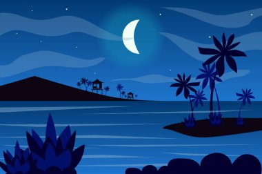 Ay, tropikal adaların üzerinde düz bir arka planda. Gece gökyüzünde ay ışığı, bungalov siluetleri, deniz kıyısında palmiye ağaçları, sahil kenarı tatil köyü. Doğa manzarası. Web afişinin vektör illüstrasyonu
