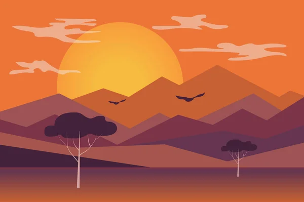 Pôr do sol nas montanhas paisagem fundo em estilo plano. O pôr do sol está brilhando sobre picos e colinas de montanha, pássaros voando, árvores na área do deserto. Paisagem natural. Ilustração vetorial de banner web —  Vetores de Stock