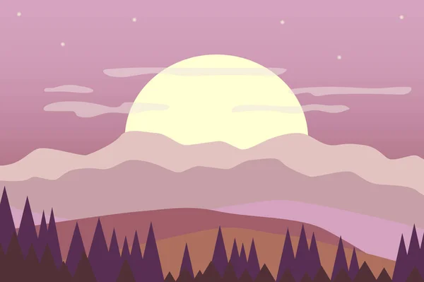 Riesige Sonne über der Berglandschaft im flachen Stil. Die untergehende Sonne scheint über Felsspitzen und Hügeln, die Silhouette des Nadelwaldes. Abstrakte Naturlandschaft. Vektorillustration von Web-Bannern — Stockvektor