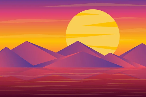 Sonnenuntergang über den Gipfeln der Berge Landschaft Hintergrund im flachen Stil. Riesige Sonne über Felsen, Reflexion im Meer- oder Meerwasser, violettes Licht nach Sonnenuntergang. Naturkulisse. Vektorillustration von Web-Bannern — Stockvektor