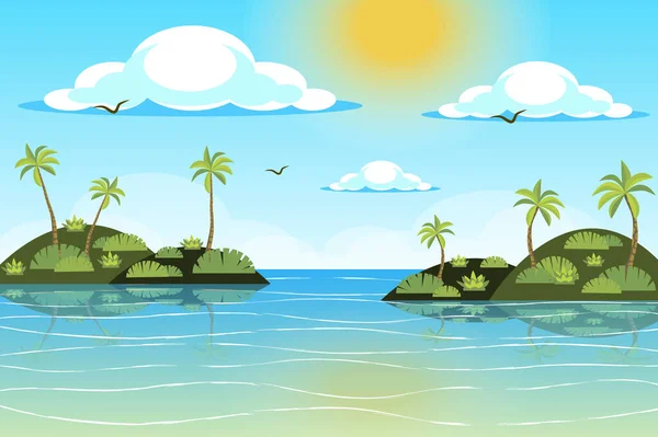 Sole splende su isole tropicali sfondo paesaggio in stile piatto. Palme in riva al mare, onde acqua dell'oceano, uccelli volanti, panorama sulla località balneare. Paesaggio naturale. Illustrazione vettoriale del banner web — Vettoriale Stock