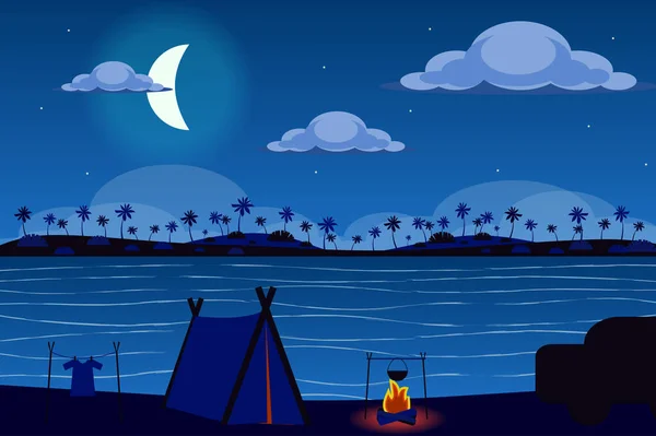 Zelt am Ufer der tropischen Insel bei Nacht Landschaft Hintergrund in flachem Stil. Zeltlager und Lagerfeuer, Übernachtung im Freien, Erholung am Meer. Naturkulisse. Vektorillustration von Web-Bannern — Stockvektor