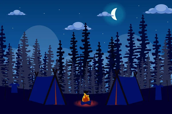 Tenda acampamento e fogueira na floresta à noite paisagem fundo em estilo plano. Acampar férias, pernoite viagens ao ar livre, caminhadas turismo ao ar livre. Paisagem natural. Ilustração vetorial de banner web —  Vetores de Stock