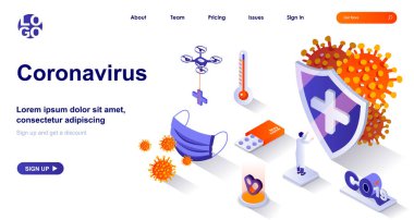Coronavirus izometrik iniş sayfası. Salgınla mücadele, covid-19 izometri kavramını bırak. Doktor, koruyucu maske, tedavi 3D web pankartı. Düz dizaynlı insanlar ile vektör illüstrasyonu