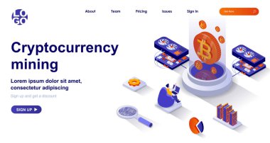 Kripto döviz çıkarma izometrik iniş sayfası. Madenci elektronik para izometri konsepti üretiyor. Bitcoin çiftliği, kar büyümesi 3D web afişi. Düz dizaynlı insanlar ile vektör illüstrasyonu