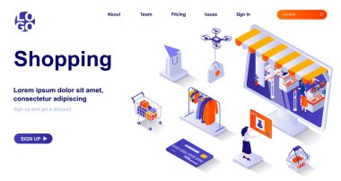 Alışveriş izometrik iniş sayfası. Alıcı perakende veya çevrimiçi izometri konsepti satın alır. Müşteri kıyafet seçiyor, ödemeler 3D web pankartı alıyor. Düz dizaynlı insanlar ile vektör illüstrasyonu