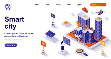 Akıllı şehir izometrik iniş sayfası. Modern teknoloji izometri kavramına sahip gelecekçi şehir manzarası. Yeşil enerji, kablosuz internet, dijital hizmetler 3D web afişi. Düz dizaynlı insanlar ile vektör illüstrasyonu