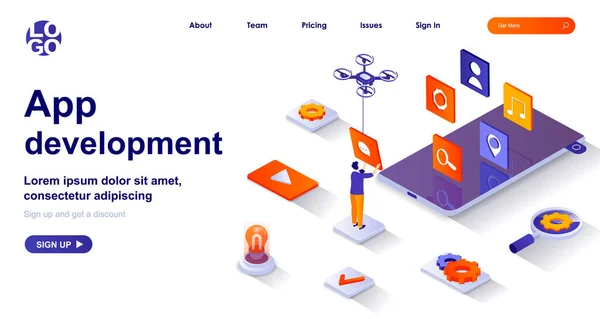 App development isometric landing page. Developer work on smartphone mobile app isometry concept. Mobile software settings 3d web banner. Vector illustration with people characters in flat design — Image vectorielle