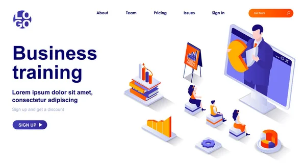 Business training isometric landing page. Professional development isometry concept. Colleagues on course watch teacher webinar 3d web banner. Vector illustration with people characters in flat design — Archivo Imágenes Vectoriales