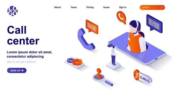 Call center isometric landing page. Customer support isometry concept. Hotline operator in headset consults client in chat 3d web banner. Vector illustration with people characters in flat design — Image vectorielle